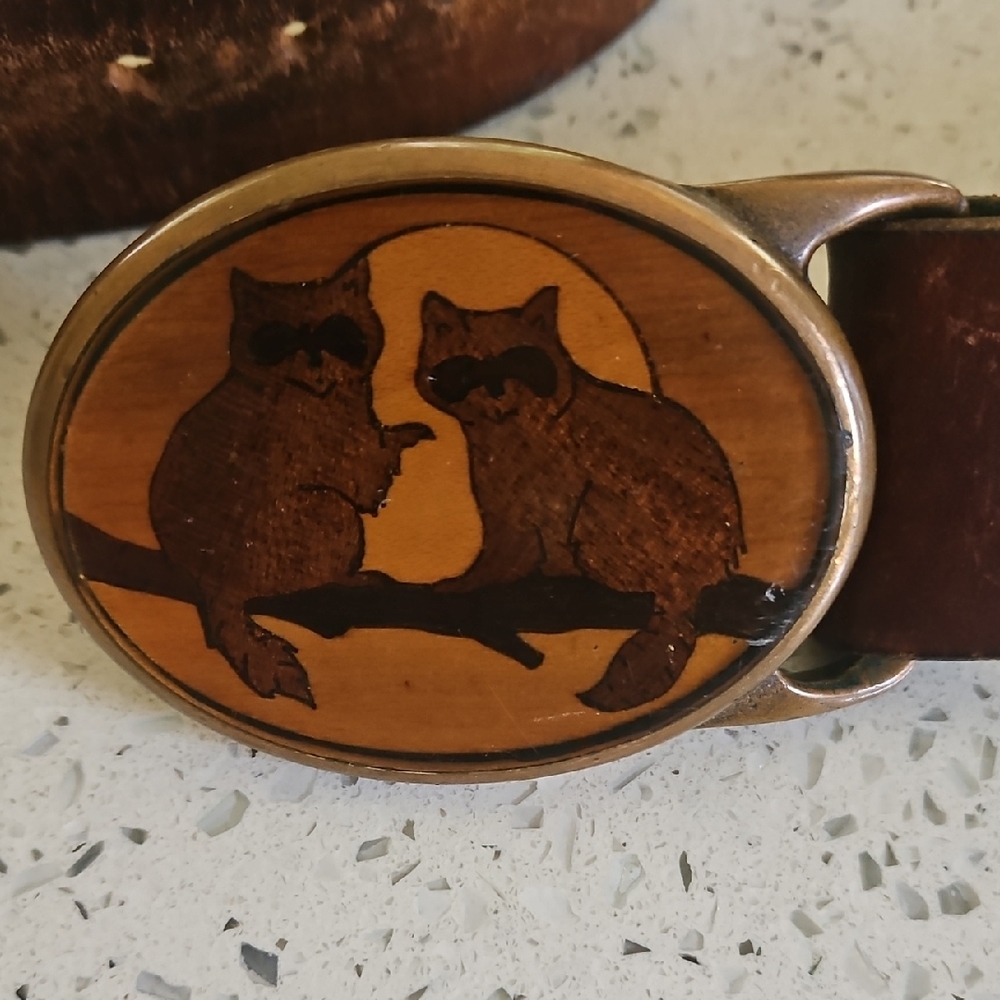 Brown Leather Belt with Raccoon  Buckle